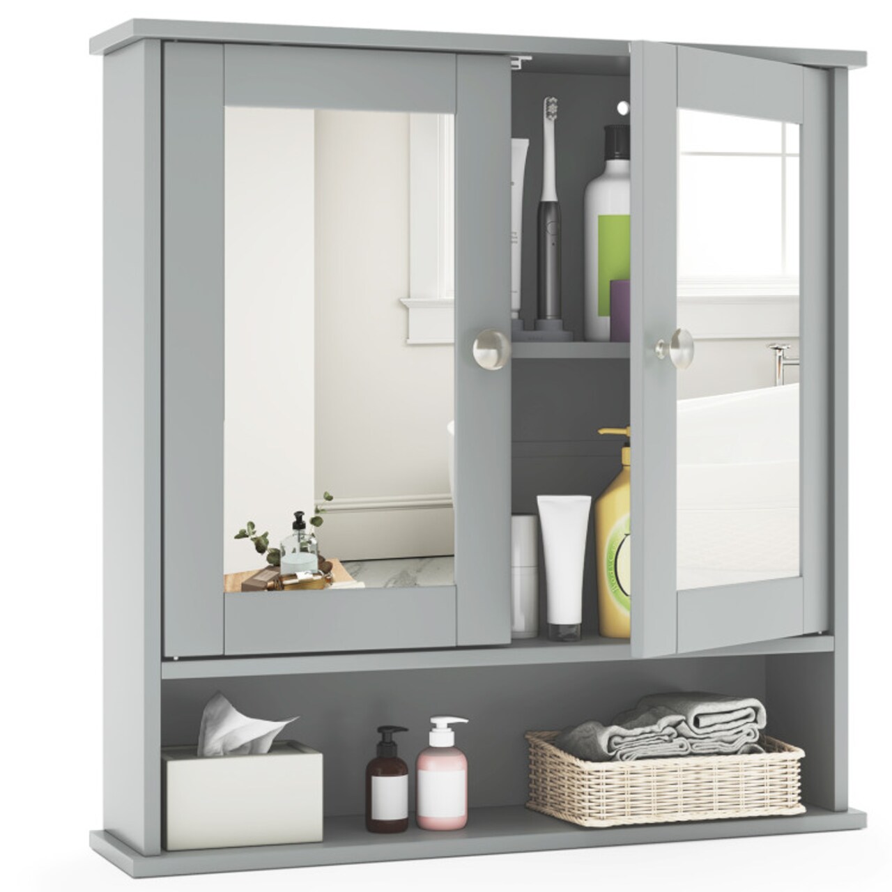 Wall Cabinet with Double Mirror Doors Adjustable Shelf Storage for Bathroom and Bedroom